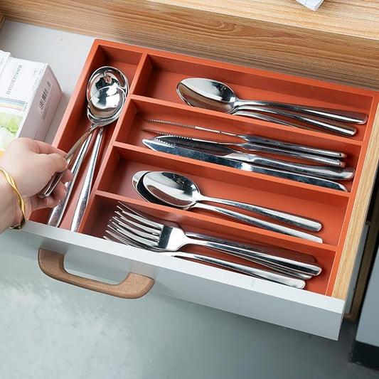 Silverware Organizer Bamboo Kitchen Drawer Organizer with 5 Slots Flatware Organizer Tray for Kitchen, Flatware, Utensils（Orange）