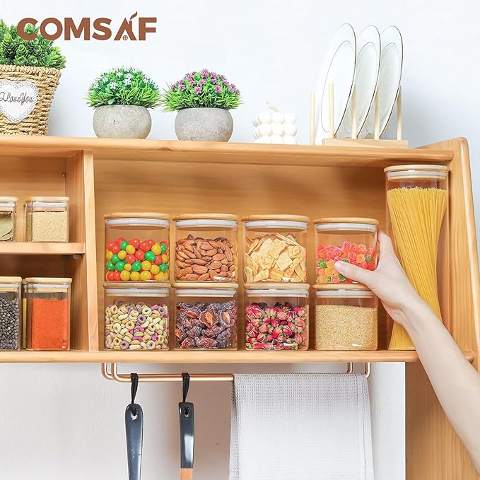 ComSaf Airtight Glass Food Storage Jars Set of 6, 20oz Clear Glass Food Storage Container with Sealing Wooden Lid, Stackable Spice Jar, Round Kitchen Canister for Sugar, Tea, Coffee bean, Pasta, Oat