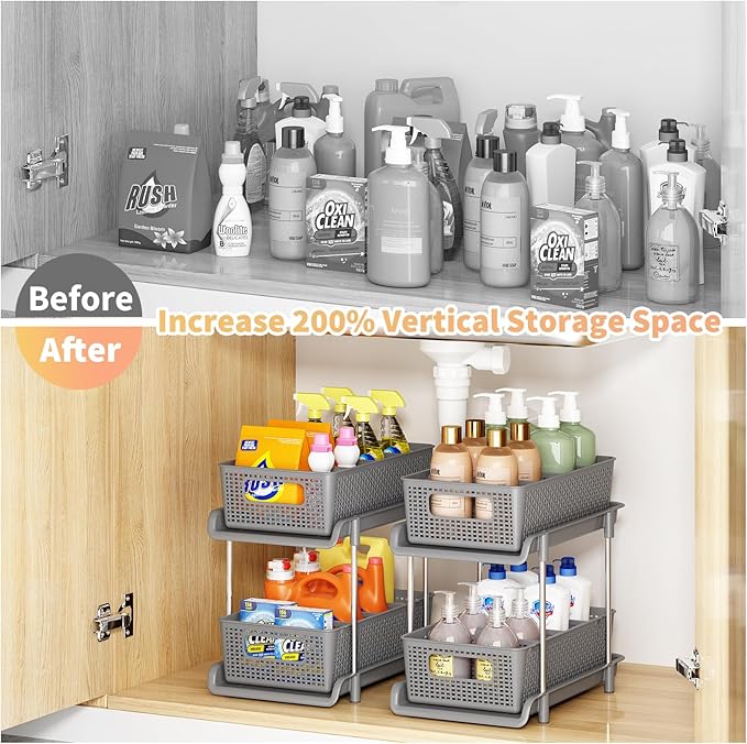 Bathroom Organizer with Dividers, 2Pcs 2 Tier Stackable Under Sink Organizers and Storage Cabinet Organizers for Bathroom Kitchen Pantry Organization and Storage, Medicine Cabinet Organizer