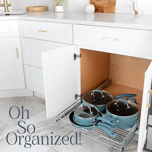 HOLDN’ STORAGE Pull Out Cabinet Organizer, Heavy Duty Caddy w/Lifetime Limited Warranty -22”W x 21”D - Requires At Least 23-1/4” Cabinet Opening, Steel Metal Cabinet Drawers Slide Out, Chrome