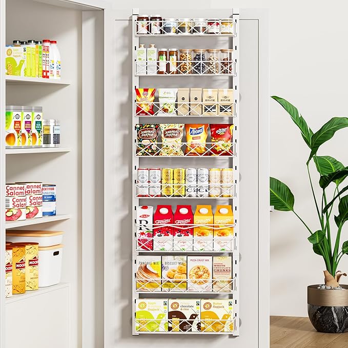 Over the Door Organizer, White 8-Tier Pantry Door Organizer with Adjustable Basket, Hanging Spice Rack Cabinet Door Shelves, Laundry Room Organization and Storage