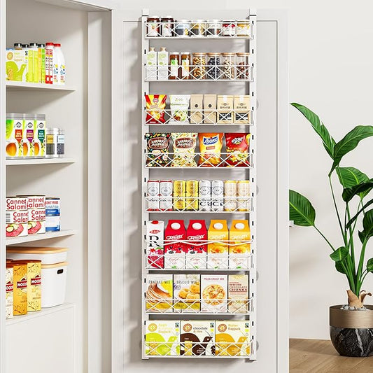 Over the Door Organizer, White 8-Tier Pantry Door Organizer with Adjustable Basket, Hanging Spice Rack Cabinet Door Shelves, Laundry Room Organization and Storage