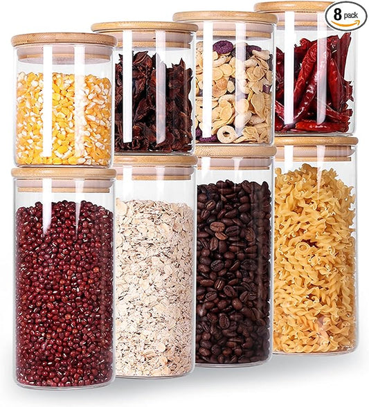 Glass Jars with Airtight Wooden Lids, 8 Pack Flour and Sugar Containers, Glass Canister Set for Coffee Container, Loose Leaf Tea Storage, Cookie Jar (15OZ&27OZ)