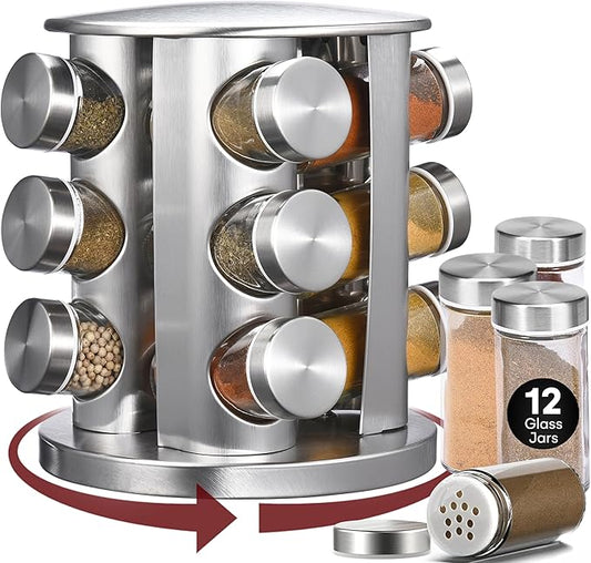 Vdomus Spice Organizer Rack Sets - Rotating Seasoning Jars, Spice - Seasoning Container Rack for Kitchen Countertop & Cabinet - Premium Stainless Steel - Essential Kitchen Organizers