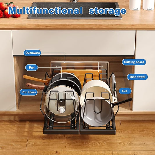 2 Pack Pots and Pans Organizer Under Cabinet, 21.6" Deep Pull Out Pot Lid Organizer Holder with Guardrail Adhesive Pot and Pan Holder Rack with 10 Adjustable Dividers(Black)