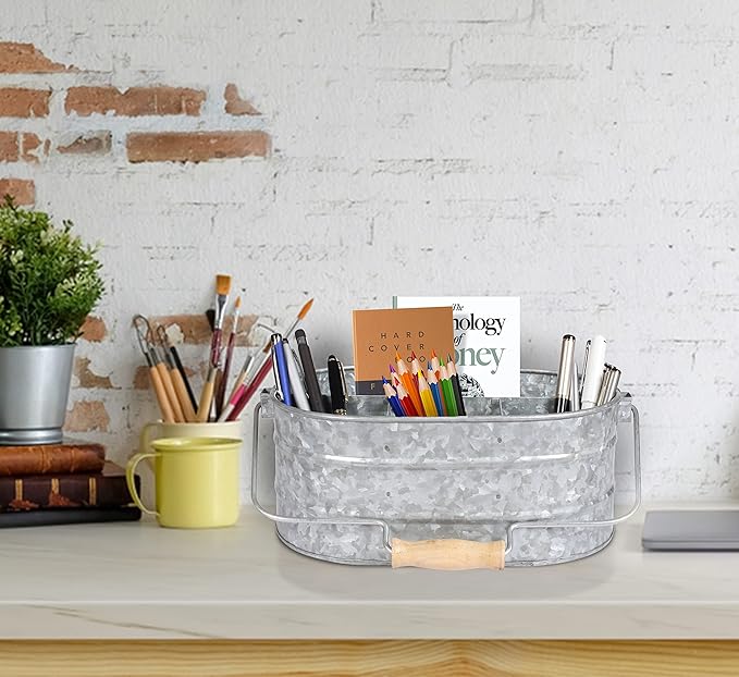 Galvanized Metal Caddy with 4 Compartments, Rustic Farmhouse Kitchen Picnic Utensil Holder, Multipurpose Storage Bin, Metal Garden Planters - 12 Inch - Antique Natural