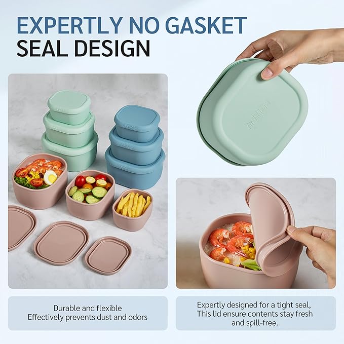 ISSEVE 12Pcs/Set Nesting Silicone Food Storage Containers with Lids, BPA Free Reusable Meal Prep Silicone Containers Airtight, Freezer Dishwasher Safe (33.8oz, 20oz, 10oz, 6.7oz, 1.3oz) (Pink)