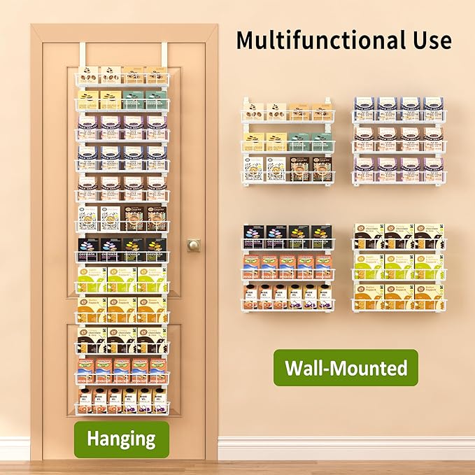 Churboro Over the Door Pantry Organizer Rack with 12 Adjustable Baskets, 12 Tiers Dual-use Spice Rack- Hanging or Wall Mount Spice Rack, Pantry Door Organizer, White