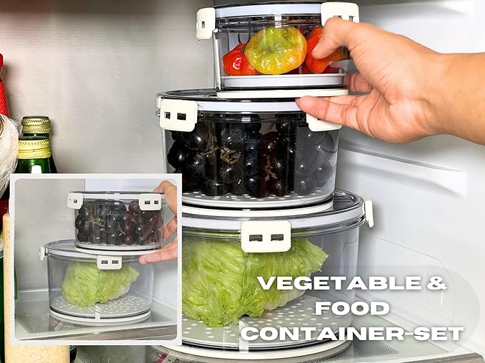 Lettuce Keeper for Refrigerator with Lids 3-Piece Set Date Chronograph Airtight BPA-Free Removable Drain Tray and Air Vents