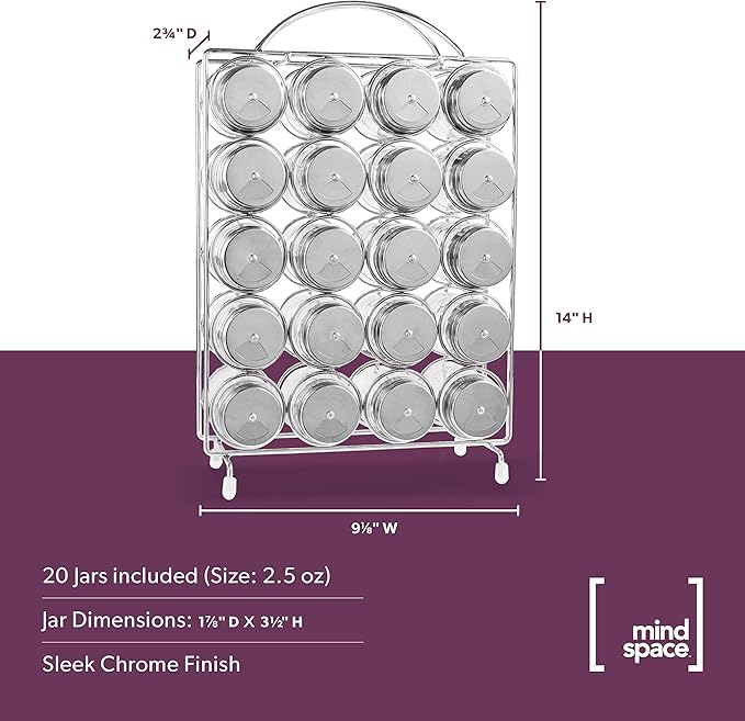 Mindspace Spice Rack Organizer with Set of 20 Glass Spice Jars Included Spices and Seasoning Rack for Countertop or Cabinet | The Wire Collection, Chrome (Spices NOT Included)