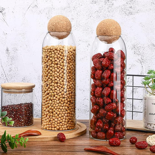 2 Piece Cork Glass Jars with Cork Lid Storage Jar Container with Ball Round Bottles Canisters with Airtight Seal Wooden Lid(1300 ML)
