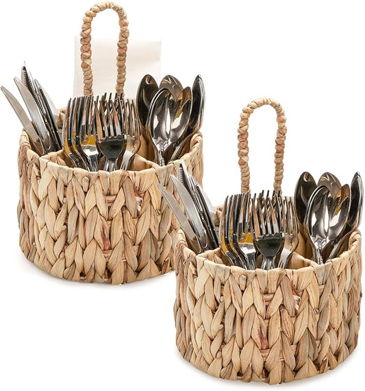 Hiceeden 2 Pack Utensil Caddy with Handle for Countertop, Water Hyacinth Silverware Caddy Holder Organizer for Party, Hand Woven Flatware Cutlery Caddy for Picnic