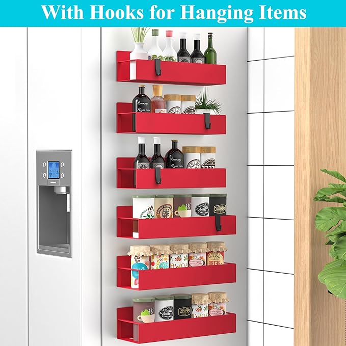 6 Pack Magnetic Spice Storage Rack Organizer for Refrigerator and Oven, Red Fridge Organizers and Storage