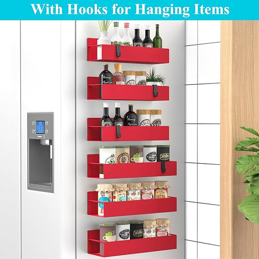 6 Pack Magnetic Spice Storage Rack Organizer for Refrigerator and Oven, Red Fridge Organizers and Storage