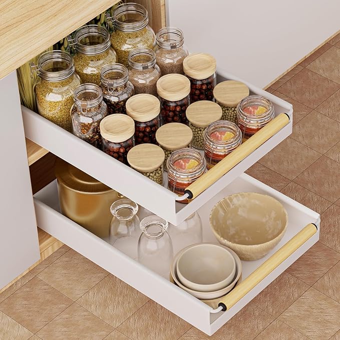 Pull out Cabinet Organizer, 16" Deep Pull Out Drawer for Kitchen Cabinets Adhesive with Nano Film, Slide out Cabinet Organizer Shelf for Pantry Bathroom Organization White