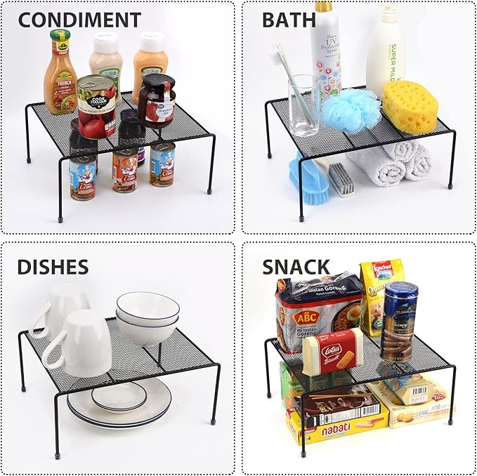 Set of 4 Mesh Kitchen Shelves Cabinet Storage Shelf Rack (13.1 x 10.2 Inch) ，Kitchen Bathroom Pantry Cupboard Desk Home Office, Fridge, Cabinet, Bathroom Cupboard, Non-slip Plastic Feet (Black)