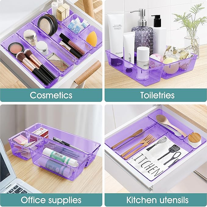 WOWBOX 13 PCS Plastic Drawer Organizer Set, Desk Drawer Divider Organizers and Storage Bins for Makeup, Jewelry, Gadgets for Kitchen, Bedroom, Bathroom, Office, Purple