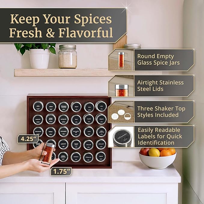 BOURBON & BARREL Wooden Spice Rack Organizer with Glass Jars | Stainless Steel Lids | Bamboo Countertop Spice Organization | 350 Waterproof Spice Labels | 2 Chalk Markers | 30 4oz Jars [Cherry]