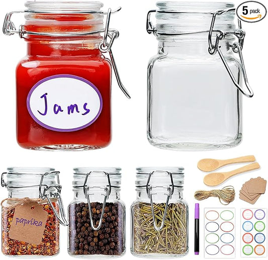 Brajttt Small Glass Jars with Lids,4 oz Spice Jars with Labels,Small Glass Containers with Airtight Hinged Lid for Home Kitchen, Arts & Crafts Projects, Spices, Decoration, Snack Foods (5 Pack)