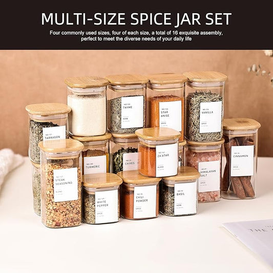 16Pcs Glass Spice Jars with Bamboo Lids, include 4oz, 6oz, 8oz, 10oz Empty Square Containers With 340 Spice Labels Preprinted of White and Black Color, Spice Bottles for Seasoning Organizer