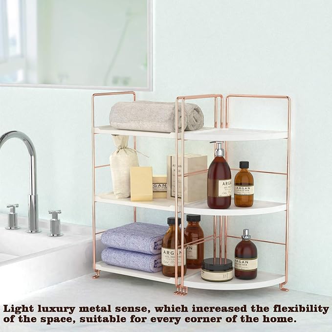 3-Tier Bathroom Countertop Organizer - Vanity Tray Cosmetic & Makeup Storage- Kitchen Spice Rack Standing Shelf - Corner Storage Shelf, Rose Gold