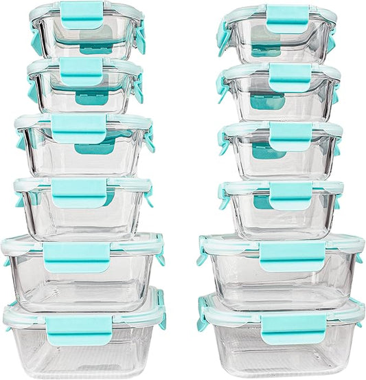 LYTIO Glass Food Containers Storage Organizers for Kitchen Pantry | BPA Free | Leak Proof | Odor Proof | Stain Resistant | 12 Sets | Freezer and Oven Safe (Blue)