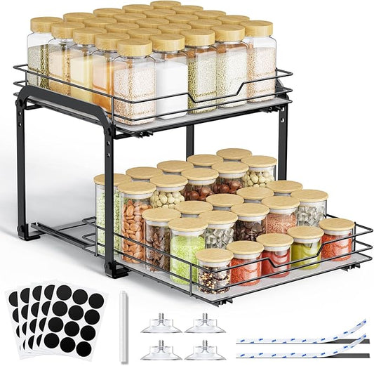 Spice Rack Organizer for Cabinet - 2-Tier Vertical Pull Out Spice Rack, Heavy Duty Metal Spice Shelf with Easy to Install Design, Fits Countertop, Cabinet & Pantry