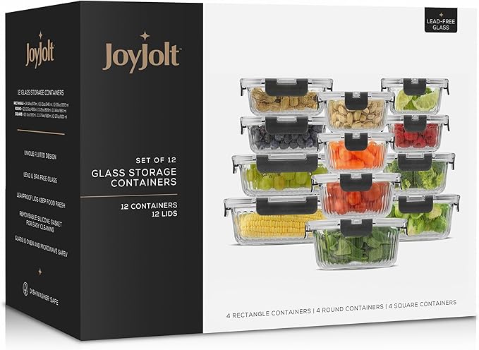 JoyJolt 24pc Fluted Glass Storage Containers with Lids. 12 Airtight, Freezer Safe Food Storage Containers, Pantry Kitchen Storage Containers, Glass Meal Prep Containers for Lunch