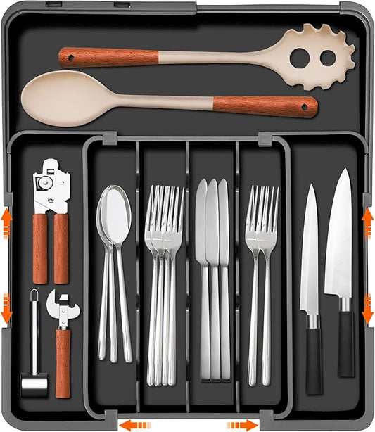 Homecor Silverware Organizer Expandable Kitchen Drawer Organizer with 7 Slots, Adjustable Cutlery Utensil Drawer Organizer, Kitchen Utensil Storage Tray for Forks Knives Spoons, Anti-Slip, Black
