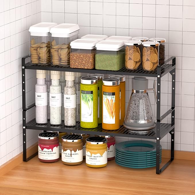 Expandable Kitchen Cabinet Shelf Organizers 3 Pack, Stackable Metal Pantry Storage Shelves Rack, Adjustable Counter Spice Shelf for Cabinets, Countertop, Cupboard Organizers and Storage, Black