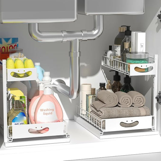 2 Pack Under Sink Organizer with Pull-Out Drawers,Kitchen Storage Organization,Bathroom Organizers and Storage,Bathroom Shelves,Home Storage,White