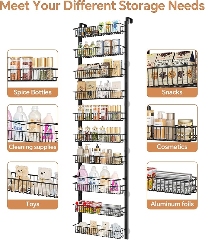 Over the Door Pantry Organizer, 10-Tier Adjustable Spice Rack Cabinet Door Shelves, Hanging Seasoning Organizer for Kitchen Bathroom, Laundry Room Organization, Black