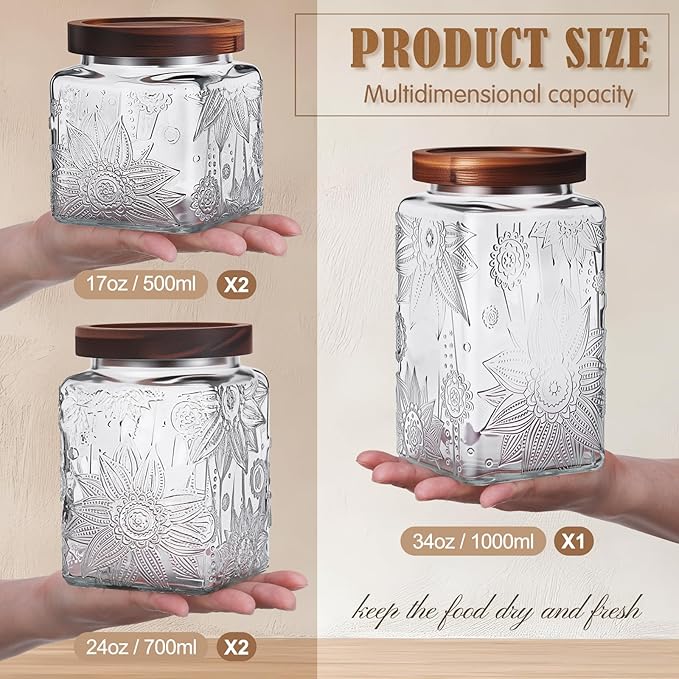 Suclain 5 Pcs Sunflower Vintage Glass Jars with Bamboo Lid 17/24/34 oz Glass Food Containers Storage for Kitchen Counter Pantry Sugar Flour Coffee Tea Candy Oats Cereal