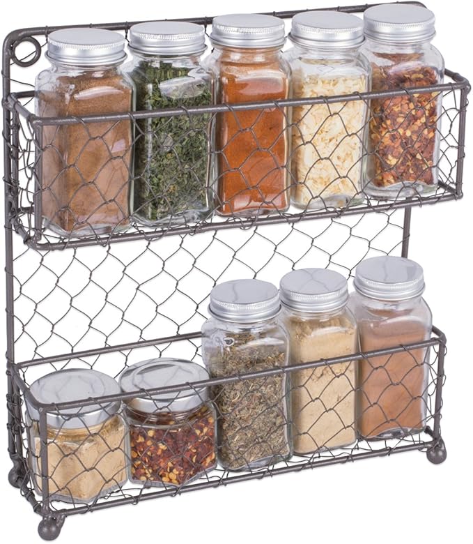 DII Farmhouse Vintage Decorative Metal Pantry Spice Rack Organizer, 9.45Lx2.3Wx10H, 2 Tier Spice Rack - Rustic