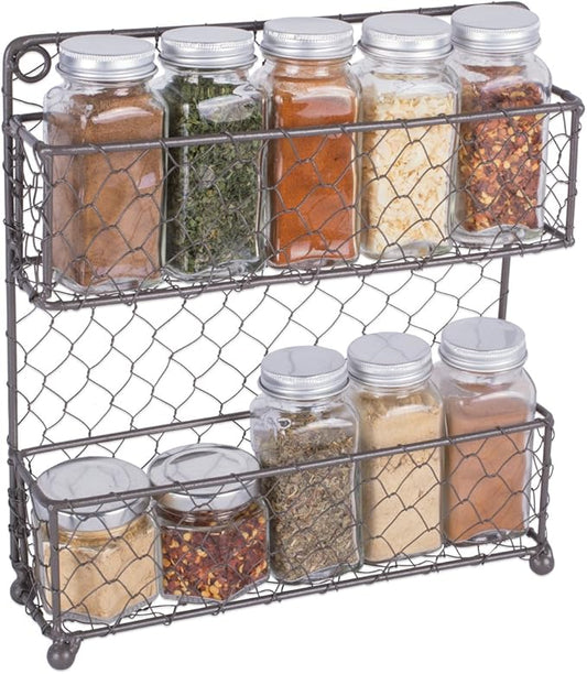 DII Farmhouse Vintage Decorative Metal Pantry Spice Rack Organizer, 9.45Lx2.3Wx10H, 2 Tier Spice Rack - Rustic