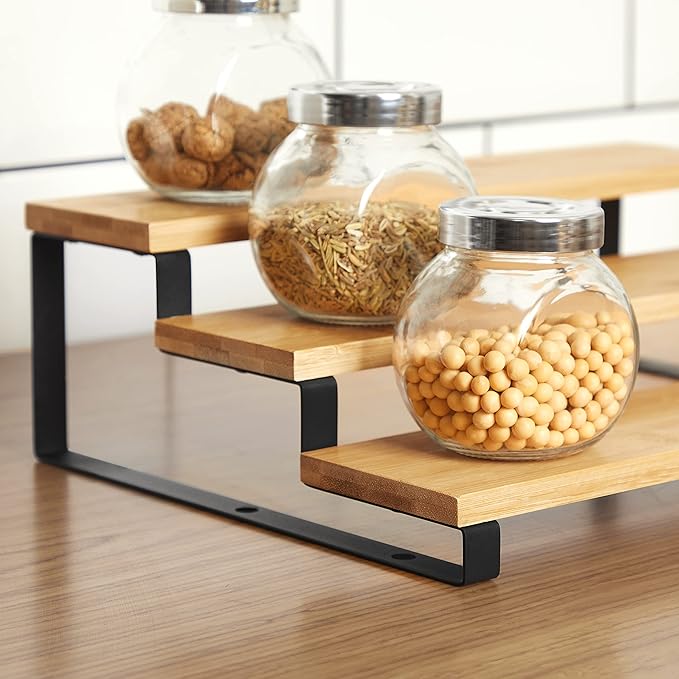 SONGMICS Bamboo Shelf Organizers and Spice Racks Bundle, 2 Sets of 2 Cabinet Organizers, for Kitchen Organization, Natural and Black UKCS02NB and UKCS016N01