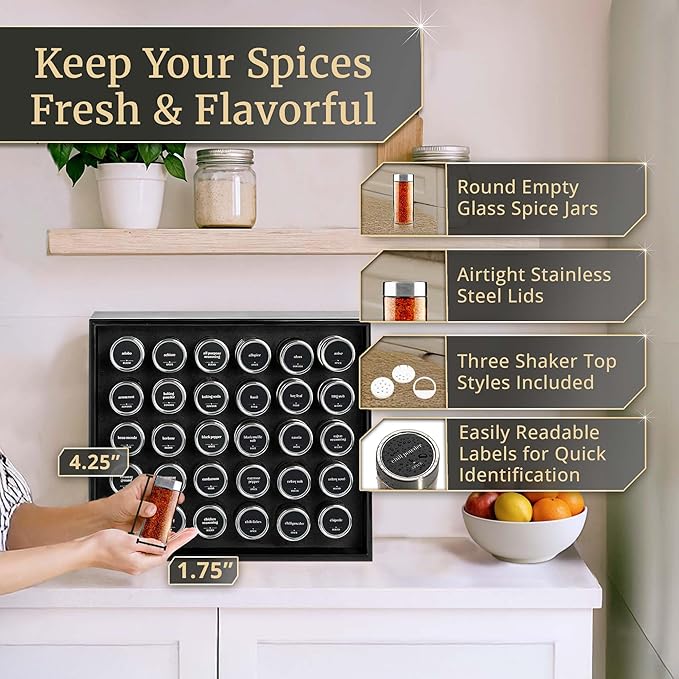 BOURBON & BARREL Wooden Spice Rack Organizer with Glass Jars | Stainless Steel Lids | Bamboo Countertop Spice Organization | 350 Waterproof Spice Labels | 2 Chalk Markers | 30 4oz Jars [Black]