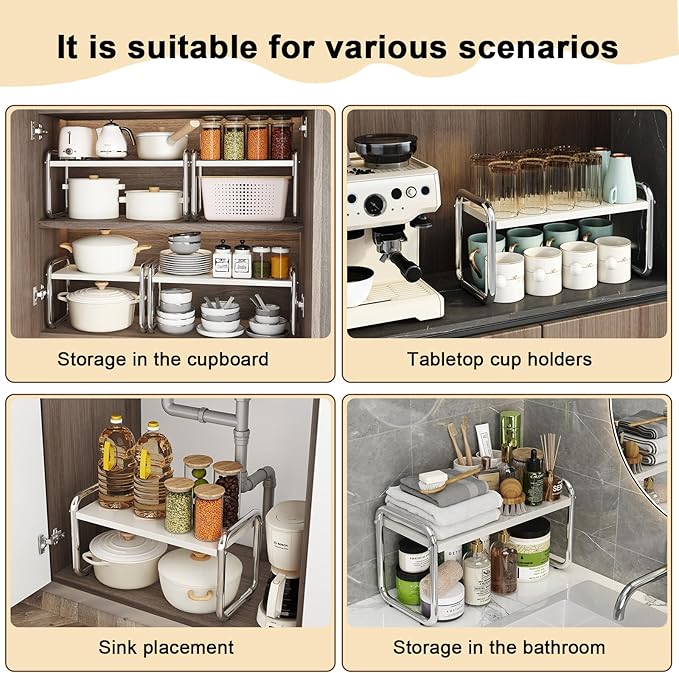 Shelf storage and storage, sink layered cabinet rack, suitable for kitchen counters, bathroom counters, food cabinets, office desk bookshelves, 21.65 inches wide natural white