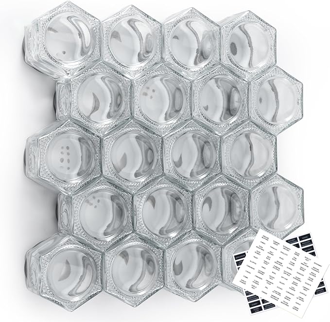 Homazing Set of 20 Large 4oz Magnetic Spice Jars for Refrigerator, Hexagon Glass Magnetic Spice Jars with Shaker Lids and Labels for Kitchen RV Travel Trailer, Magnetic Spice Containers for Fridge