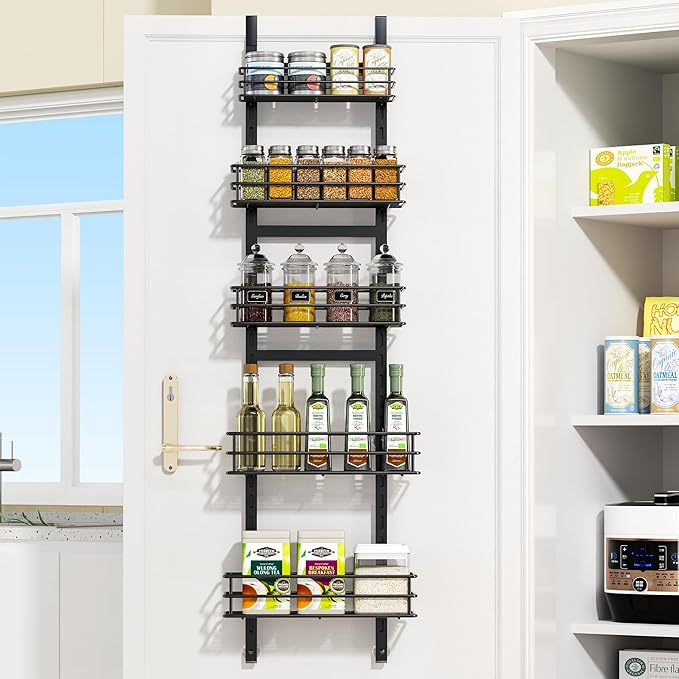 Pantry Door Organizer 12 Inch Wide, 5 Tier Hanging Adjustable Over the Door Spice Rack For Narrow Space