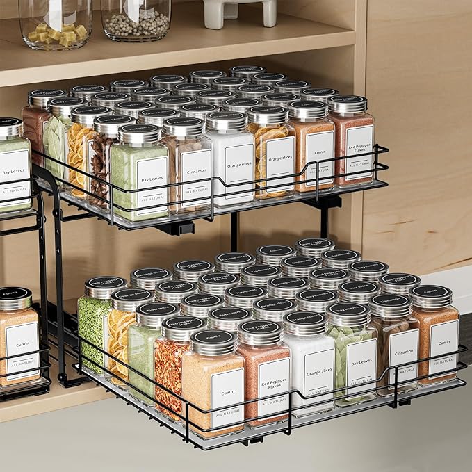 2-Tier Pull Out Spice Rack Organizer for Cabinet, Spice Rack Organizer, Height Adjustable Heavy Duty Metal Basket for Inside Cabinets & Pantry (13.5''Wx10.5''Dx9.5''H)