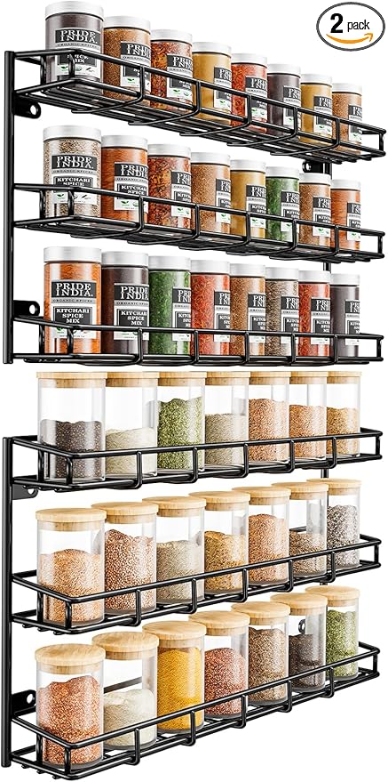 SUFAUY 2pcs Wall Spice Rack for Kitchen, 3 Tier Pantry Door Spice Rack Organizer Wall Mount, Black