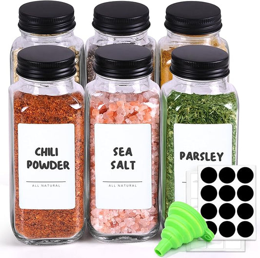 ComSaf Large Spice Jars, 6Pcs 8 oz glass spice bottle with lids, Empty Spice Containers and Square Spice Bottles, Trial Set & Supplement Set for Kitchen and Seasoning