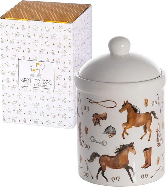 SPOTTED DOG GIFT COMPANY Ceramic Food Storage Jar with Lid, Decorative Kitchen Canister for Coffee Tea Sugar, Novelty Treat Container, Equestrian Themed Gifts for Pony Horse Lovers 30oz
