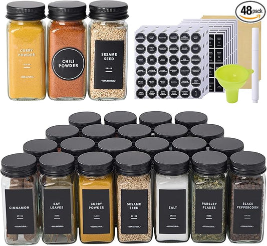 48 Glass Spice Jars with 576 Labels-Spice Jars with Black Metal Caps, 4oz Empty Square Spice Containers with Shaker Lids, Funnel, Chalk Pen, Seasoning Bottles for Spice Rack, Drawer, Cabinet