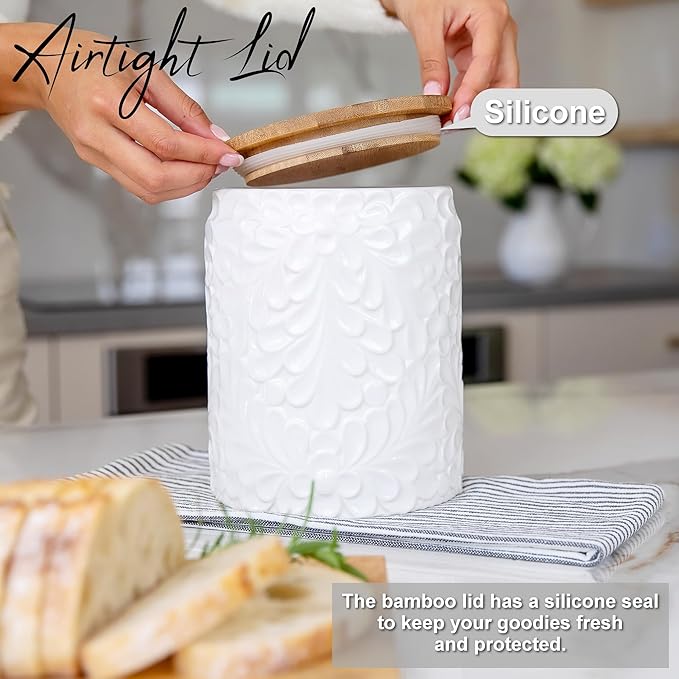 XXL 94 Oz Engraved Ceramic Kitchen Canister - Storage Jars with Airtight Lids Made from Bamboo with Nature-Inspired Engraving - Use as a Pasta Holder, Coffee Ground Holder, Rice Container, Candy Jar