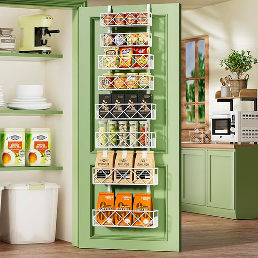 Over the Door Pantry Organizer 8-Tier Adjustable Baskets Hanging Spice Door Rack Narrow - 13.78" W x 65.16" H Behind the Door Storage for Kitchen, Bathroom, and Closet Organization-White