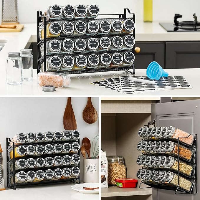 AOZITA Spice Rack Organizer with 28 Empty Spice Jars with Silver Lids, Funnel, Labels - Seasoning Organizer for Countertop, Cabinet, Kitchen, Pantry
