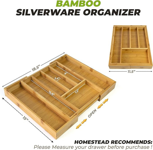 HOMESTEAD Nature Bamboo Drawer Organizer - Silverware Drawer Organizer, Expandable Drawer, Spoon and Fork Organizer for Kitchen & Versatile in Bedroom, Office, Cosmetics