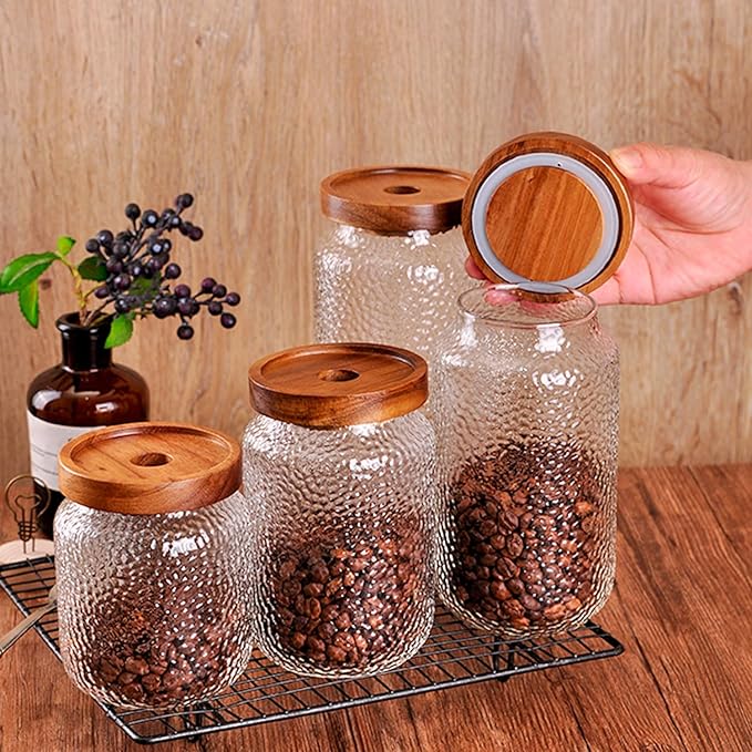 WHJY Glass Storage Container with Lid, Airtight Glass Jars, Farmhouse Tea Canister, Dog Treat Jar for Pet, Irregularity Texture Glass Candy Cookies Coffee Canister Jar Bath salt Container - 17oz
